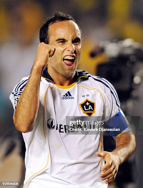 Landon Donovan of the Los Angeles Galaxy celebrates after defeating Chivas USA during Game 2 of the MLS Western Conference Semifinals match at The...