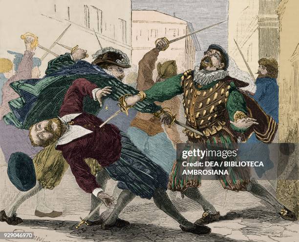 The duel of Christopher, scene from The Betrothed by Alessandro Manzoni, illustration from the weekly Rivista Illustrata , No 230, May 27, 1883....