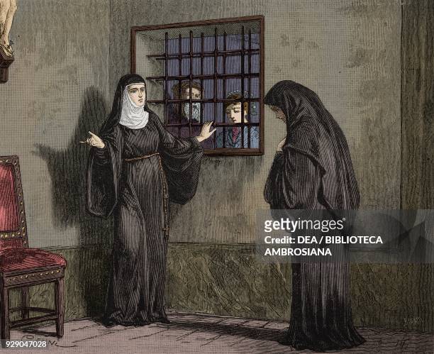 Lucia in the parlour with the nun of Monza, scene from The Betrothed by Alessandro Manzoni, illustration from the weekly Rivista Illustrata , No 230,...