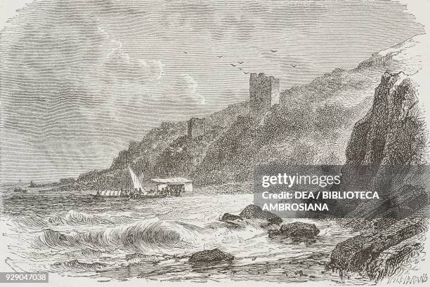 Venetian Ruins near Glossa, Skopelos Island, Greece, drawing by Theodor Alexander Weber from a sketch by Belle, Voyage in Greece, 1861-1868-1874, by...