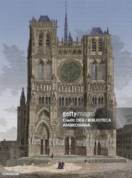 Cathedral of Our Lady of Amiens, France, engraving from L'album, giornale letterario e di belle arti, Saturday, October 25 Year 1. Digitally...