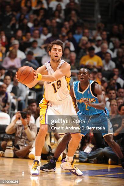 Sasha Vujacic of the Los Angeles Lakers holds the ball against Darren Collison of the New Orleans Hornets at Staples Center on November 8, 2009 in...