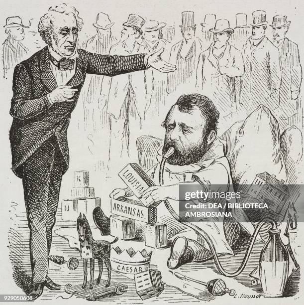 Satirical cartoon featuring President Grant who is making a throne, United States of America, drawing by Houssot from an Amarican engraving, from The...