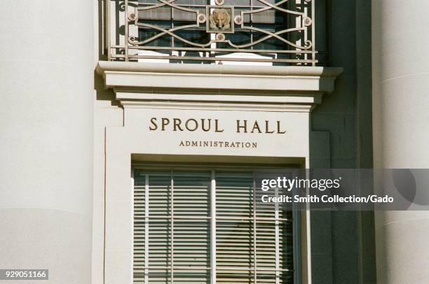 Close-up of sign for Sproul Hall, a main building on the campus of the University of California Berkeley, and the location of numerous protests...