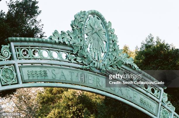 Close-up of ornate metalwork on Sather Gate, a focal point of the campus of the University of California Berkeley in Berkeley, California, October 6,...