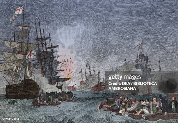 Naval battle of Aboukir Bay near the mouth of the River Nile , Egypt, engraving from L'album, giornale letterario e di belle arti, October 31 Year 7....