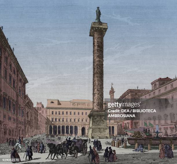 Piazza Colonna with the Column of Marcus Aurelius in the centre, Rome, Italy, engraving from L'album, giornale letterario e di belle arti, November...