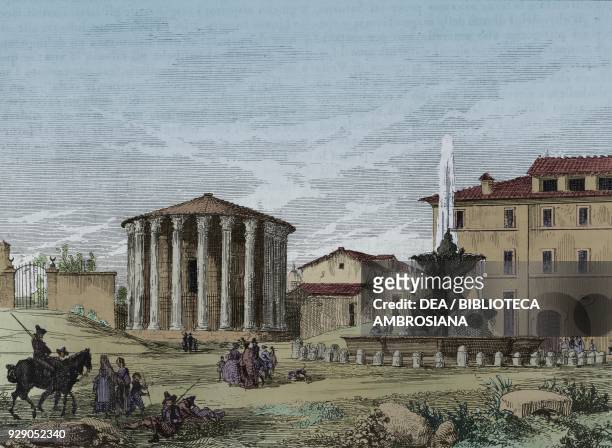 Temple of Hercules Victor, mistakenly known as Temple of Vesta, rededicated as St Mary of the Sun at the end of 19th century, Rome, Italy, engraving...