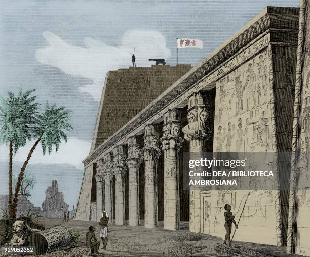 Temple of Isis, lateral view, Philae island, Egypt, engraving from L'album, giornale letterario e di belle arti, July 3 Year 8. Digitally colorized...