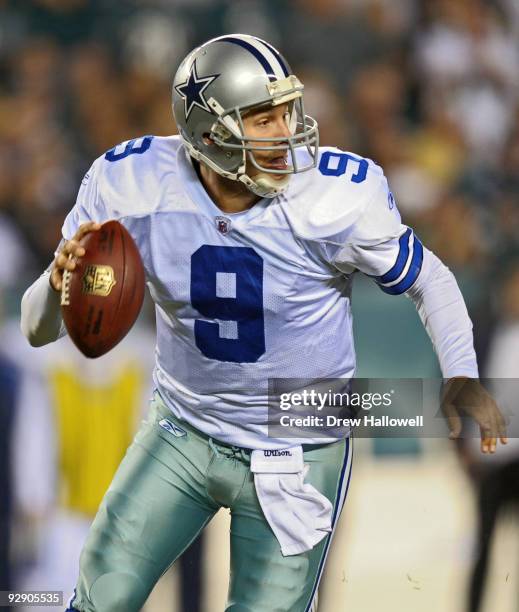 Quarterback Tony Romo of the Dallas Cowboys scrambles during the game against the Philadelphia Eagles on November 8, 2009 at Lincoln Financial Field...