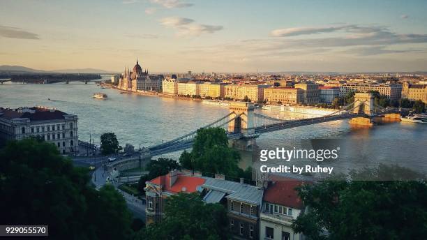 aerial view of budapest from gellért hill - fishermen's bastion stock pictures, royalty-free photos & images