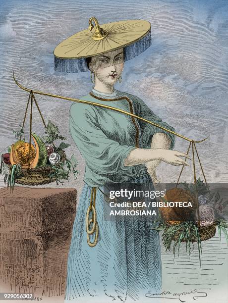 Woman selling vegetables in Tianjin, China, drawing by Emile Bayard from a watercolour by the British commander Fane , from Il Giro del mondo ,...