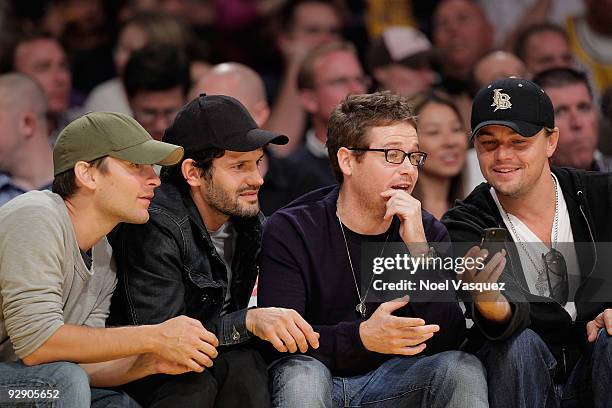 Tobey Maguire, David Bortolucci, Kevin Connolly and Leonardo DiCaprio attend a game between the New Orleans Hornets and the Los Angeles Lakers at...