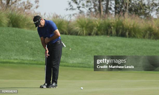 Terry Pilkadaris of Australia makes a putt on the 15th green during day one of the Hero Indian Open at Dlf Golf and Country Club on March 8, 2018 in...