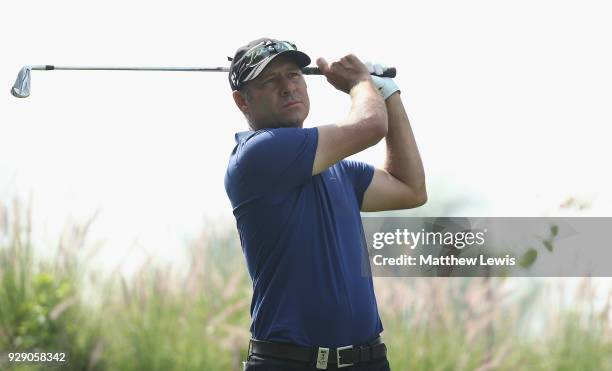 Terry Pilkadaris of Australia tees off on the 17th hole during day one of the Hero Indian Open at Dlf Golf and Country Club on March 8, 2018 in New...