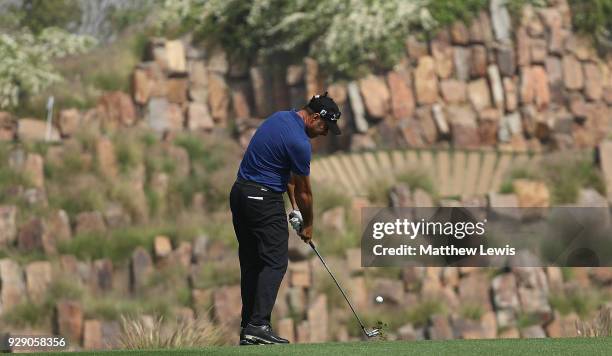 Terry Pilkadaris of Australia plays his second shot on the 17th hole during day one of the Hero Indian Open at Dlf Golf and Country Club on March 8,...