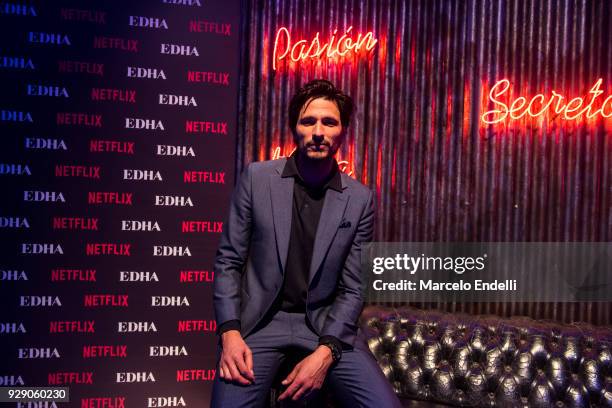 Spanish actor Andres Velencoso poses during the after party as part of the Premiere of Netflix's Edha at Faena Arts Center on March 7, 2018 in Buenos...