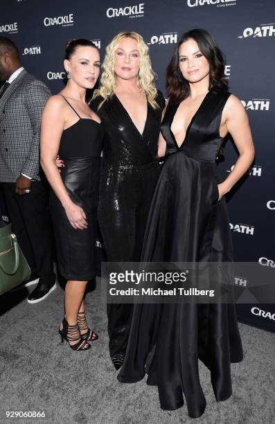 Actors Eve Mauro, Elisabeth Rohm and Katrina Law attend the premiere of Crackle's "The Oath" at Sony Pictures Studios on March 7, 2018 in Culver...