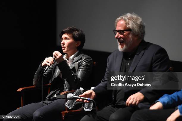 Kimberly Peirce and Larry Karaszewski attend the Film Independent Directors Close Up Series - Real Life vs. Reel Life at Landmark Theatre on March 7,...