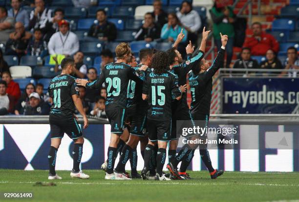 Camilo Da Silva of Queretaro celebrates with teammates during the round of 16th between Monterrey and Queretaro as part of the Copa MX Clausura 2018...