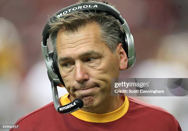 Head Coach Jim Zorn of the Washington Redskins reacts to a play during the game against the Atlanta Falcons at the Georgia Dome on November 8, 2009...