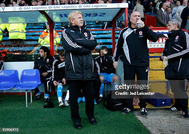 Middlesbrough manager Gordon Strachan standing in the dugout during the Crystal Palace and MIddlesbrough Coca Cola Championship match at Selhurst...