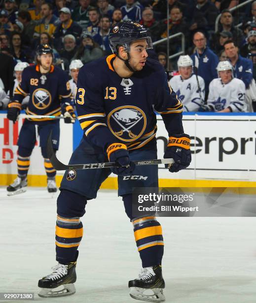 Nicholas Baptiste of the Buffalo Sabres skates during an NHL game against the Toronto Maple Leafs on March 5, 2018 at KeyBank Center in Buffalo, New...