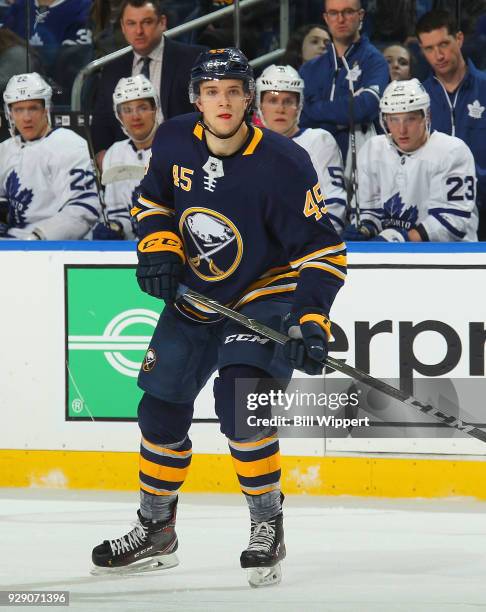 Brendan Guhle of the Buffalo Sabres skates during an NHL game against the Toronto Maple Leafs on March 5, 2018 at KeyBank Center in Buffalo, New...