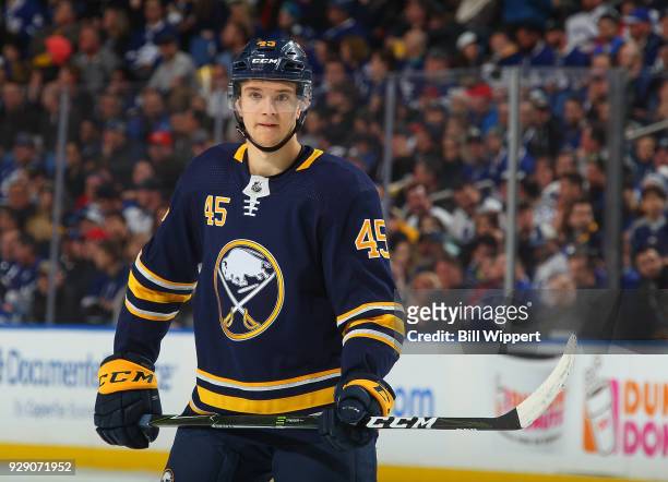 Brendan Guhle of the Buffalo Sabres skates during an NHL game against the Toronto Maple Leafs on March 5, 2018 at KeyBank Center in Buffalo, New...