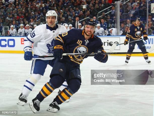 Jacob Josefson of the Buffalo Sabres skates during an NHL game against the Toronto Maple Leafs on March 5, 2018 at KeyBank Center in Buffalo, New...