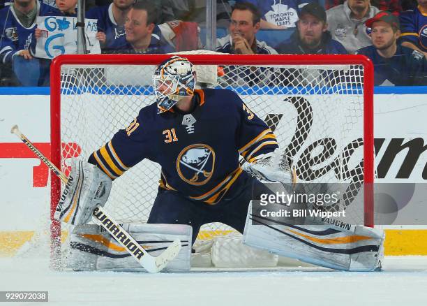 Chad Johnson of the Buffalo Sabres tends goal during an NHL game against the Toronto Maple Leafs on March 5, 2018 at KeyBank Center in Buffalo, New...