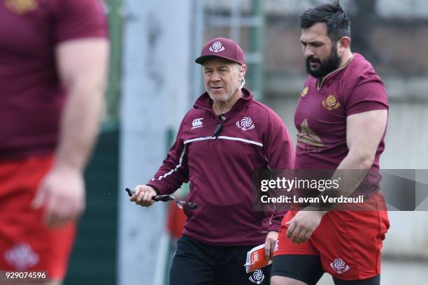 Milton Haig, head coach of Georgia, and Karlen Aseishvili, during the Georgian rugby national team training session at Shevardeni rugby stadium on...