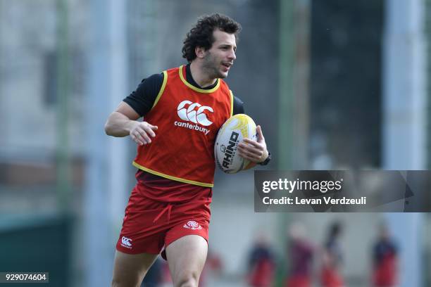 Ioseb Matiashvili runs with the ball during the Georgian rugby national team training session at Shevardeni rugby stadium on March 8, 2018 in...