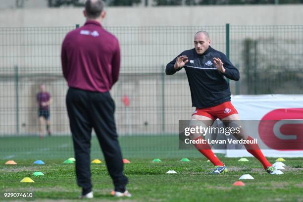 Lasha Lomidze warms up during the Georgian rugby national team training session at Shevardeni rugby stadium on March 8, 2018 in Tbilisi, Georgia.