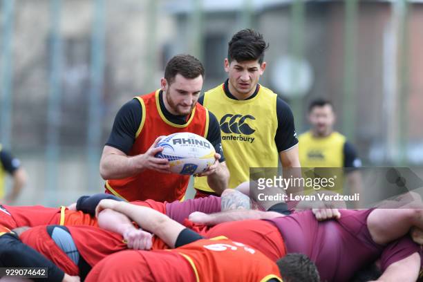 Vasil Lobzhanidze and Gela Aprasidze during the Georgian rugby national team training session at Shevardeni rugby stadium on March 8, 2018 in...