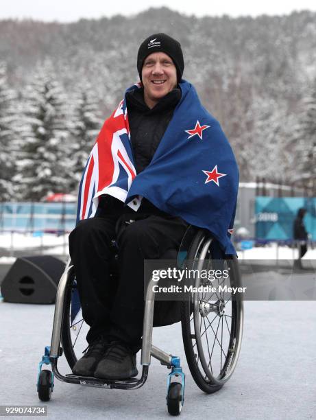 Para alpine skier Corey Peters of New Zealand sits for a portrait after the Welcoming Ceremony at the PyeongChang Olympic Village ahead of the...