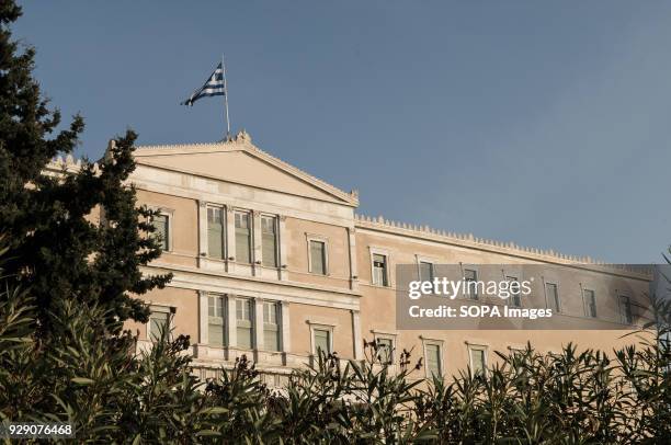 The Greek parliament in Athens. In front of the parliament is the monument for the unknown soldier where the Changing Of The Guard ceremony takes...