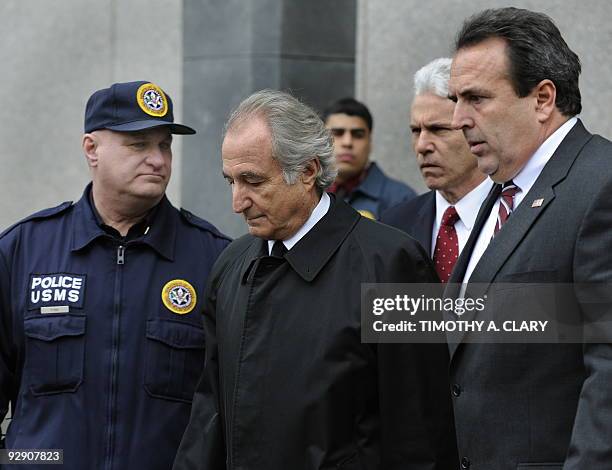 Disgraced Wall Street financier Bernard Madoff leaves US Federal Court after a hearing on March 10, 2009 in New York. Madoff has agreed to plead...