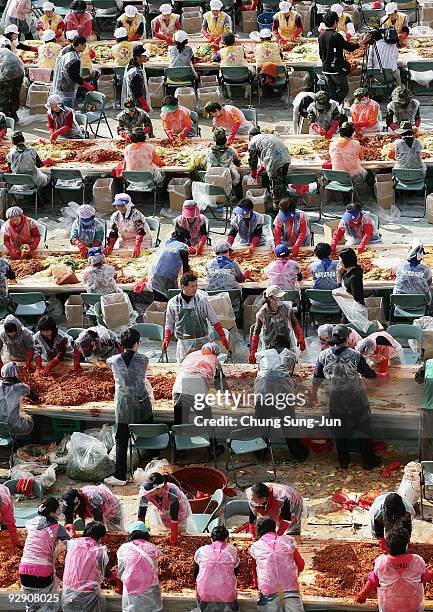 South Koreans make 'kimchi', a traditional pungent vegetable dish, which is donated to the poor in preparation for winter on November 9, 2009 in...