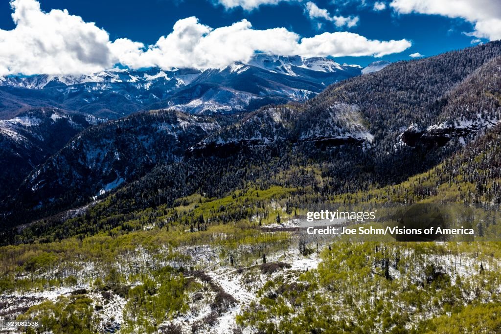 Aerial of San Juan Mountain Range Colorado shows Cow Creek Drainage
