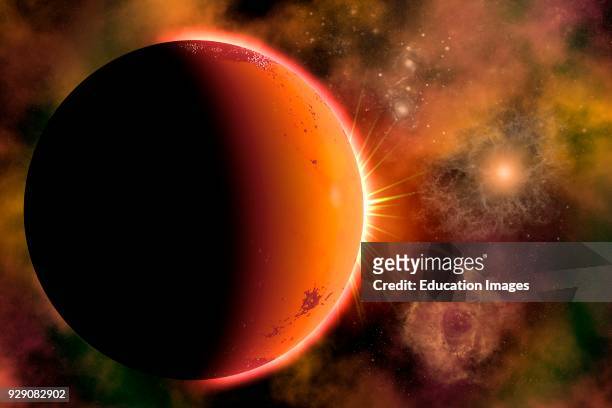 Distant Alien Planet In Orbit Around A Binary Star System At The Edge Of A Gaseous Nebula.