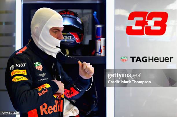 Max Verstappen of Netherlands and Red Bull Racing prepares to drive during day three of F1 Winter Testing at Circuit de Catalunya on March 8, 2018 in...