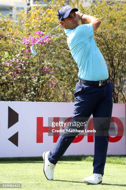 Matteo Manassero of Italy tees off on the 9th hole during day one of the Hero Indian Open at Dlf Golf and Country Club on March 8, 2018 in New Delhi,...