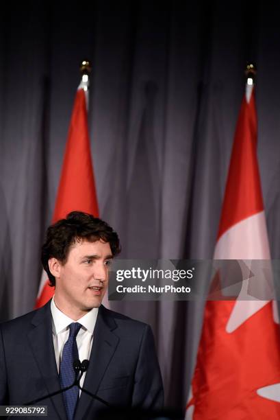 Prime Minister Justin Trudeau speaking to the supporters at a Liberal fundraising event in Toronto on March 7, 2018