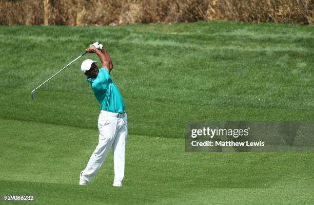 Chawrasia of India plays his third shot on the 4th hole during day one of the Hero Indian Open at Dlf Golf and Country Club on March 8, 2018 in New...