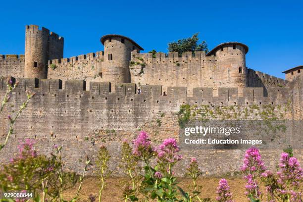 Carcassonne, Languedoc-Roussillon, France, Walls, towers and ramparts of the Cite de Carcassonne which is a UNESCO World Heritage Site.