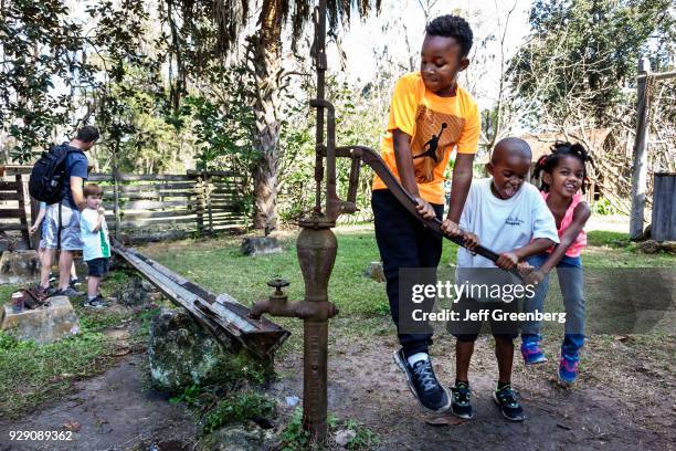 Children using a water pump at the Homestead and Living History Museum.