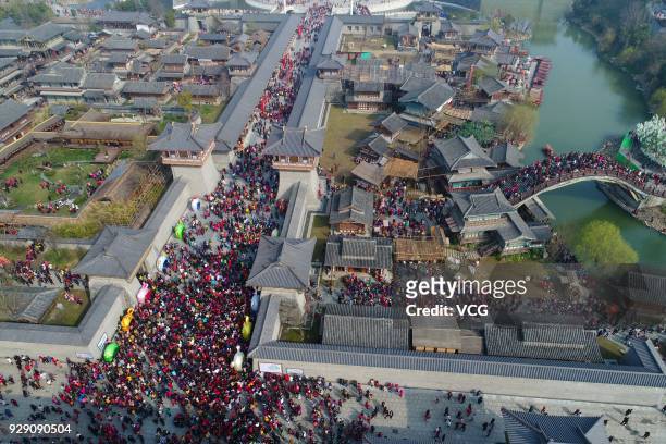 Aerial view of citizens visiting Tangcheng Film and Television Base during International Women's Day on March 8, 2018 in Xiangyang, Hubei Province of...