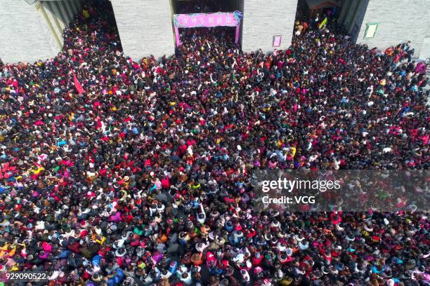 Aerial view of citizens visiting Tangcheng Film and Television Base during International Women's Day on March 8, 2018 in Xiangyang, Hubei Province of...