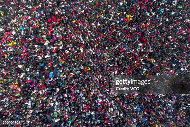 Aerial view of citizens visiting Tangcheng Film and Television Base during International Women's Day on March 8, 2018 in Xiangyang, Hubei Province of...